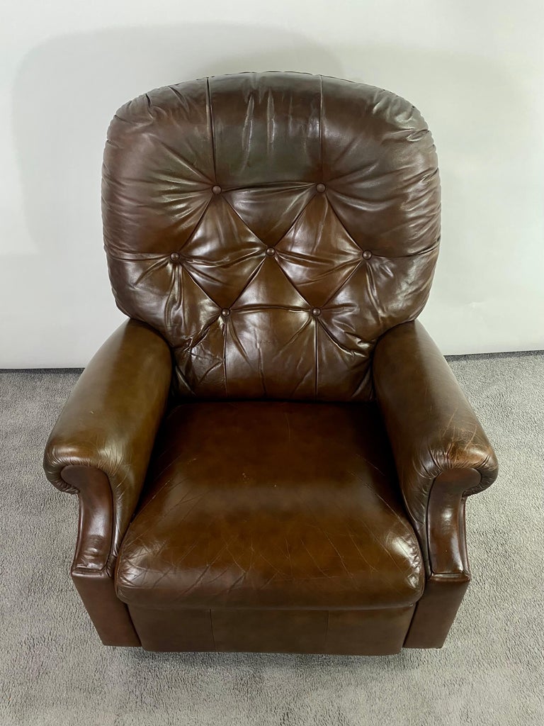 Mid-Century Brown Leather Tufted Reclining Club Chair