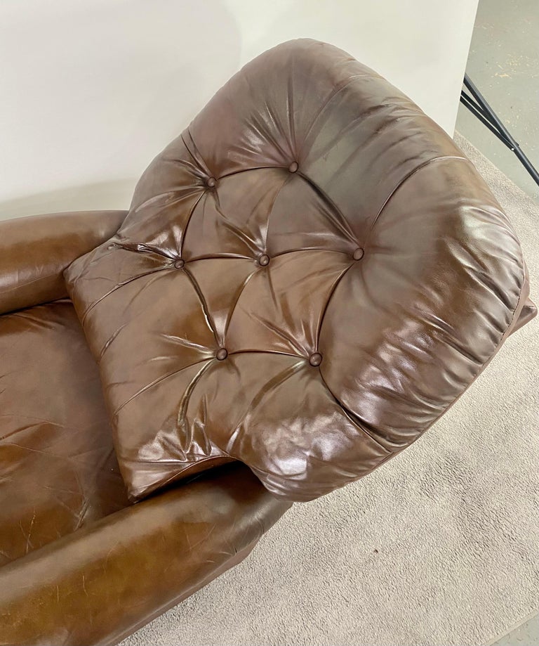 Mid-Century Brown Leather Tufted Reclining Club Chair