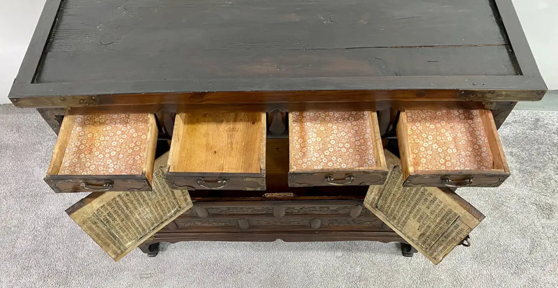 Antique Korean Tansu Butterfly Cabinet or Chest Elm Wood with Brass Inlay