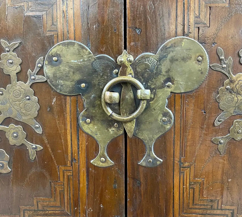 Antique Korean Tansu Butterfly Cabinet or Chest Elm Wood with Brass Inlay