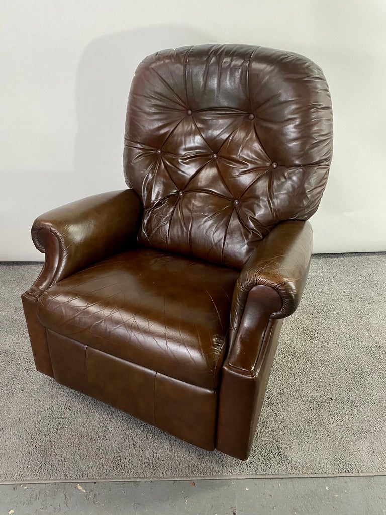 Mid-Century Brown Leather Tufted Reclining Club Chair