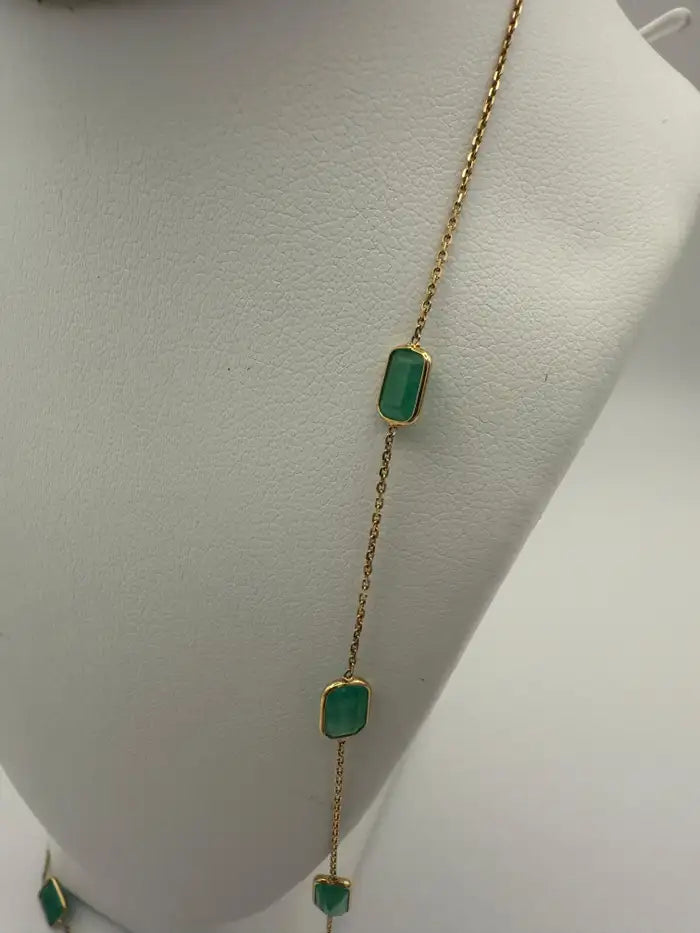 5.95 Carat Octagon Emerald Station Chain Necklace in 18k Solid Yellow Gold