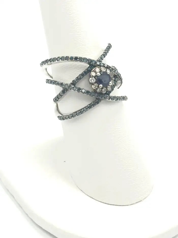 Blue Sapphire & Diamond Crisscross Cocktail Ring in Silver
