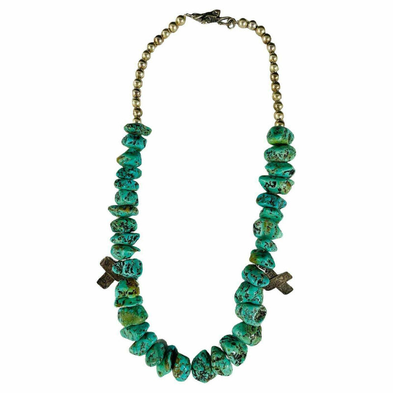 Navajo Turquoise and Pearls Necklace with Sterling Silver Cross Pendants