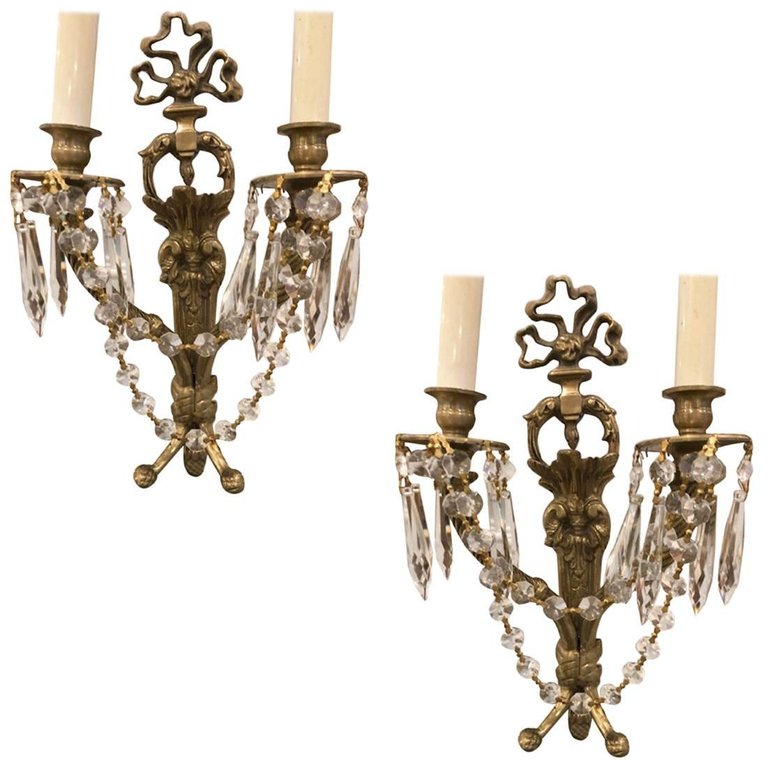 Pair of Two-Arm Louis XVI Brass and Crystal Style Wall Sconces