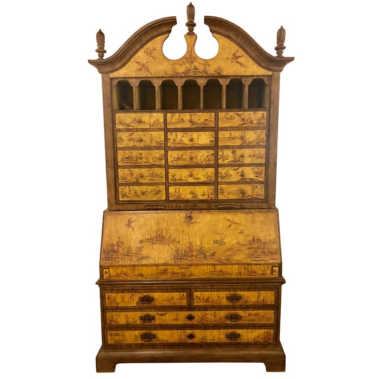 Yellow Lacquer Chinoiserie Style Decorated Secretary Desk