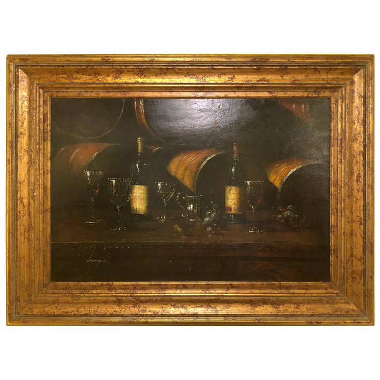 Oil on Canvas Still Life of Wine with Glasses Signed Luzanquis