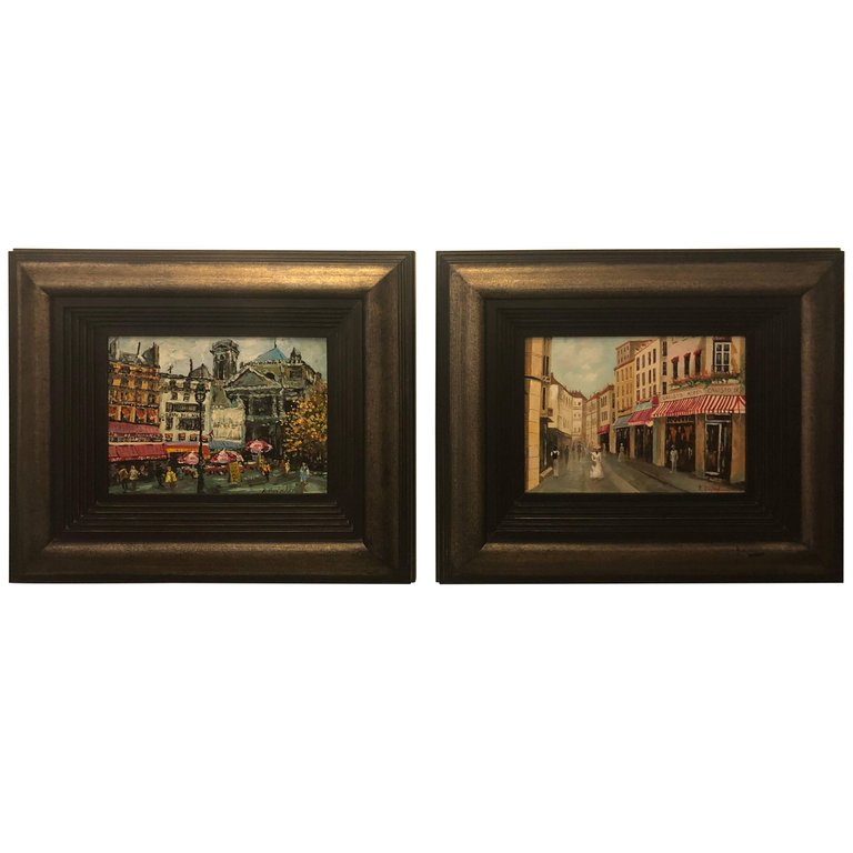 Pair of Oil on Canvas Parisian Street Scenes Signed R. Roywilsens