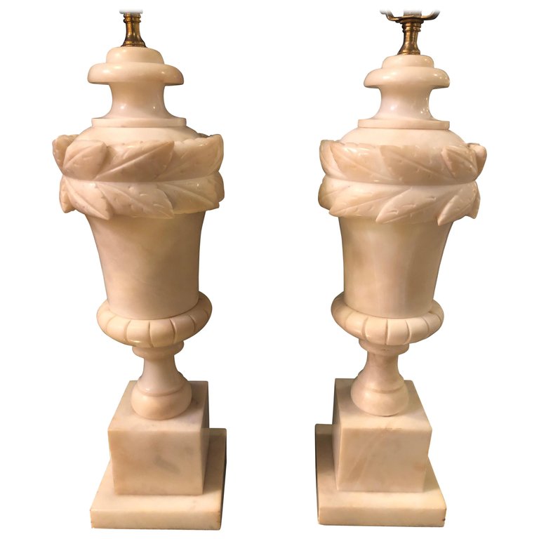 Pair of French Neoclassical Style White Alabaster Urn Shaped Table Lamps