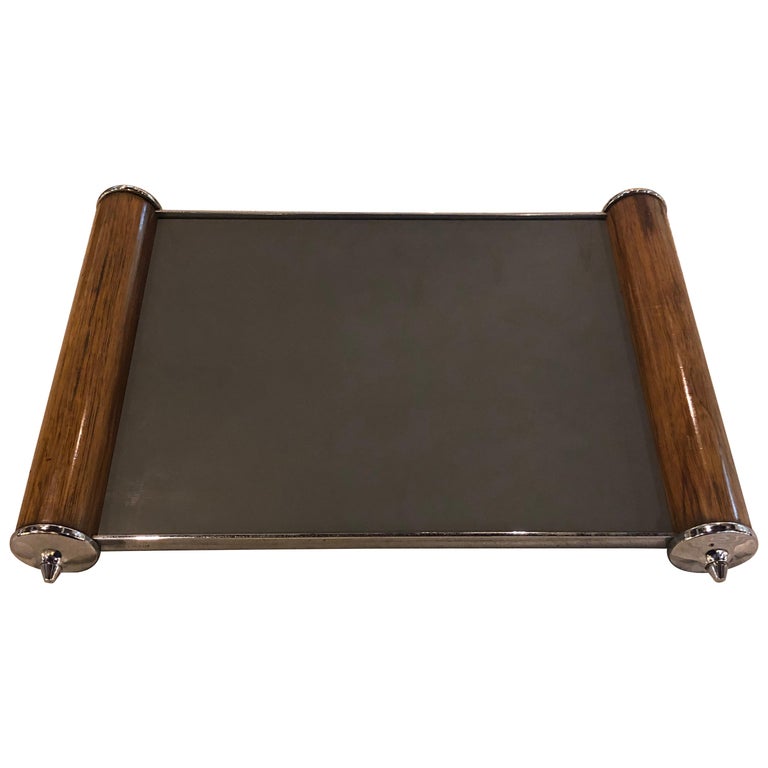 Period Art Deco Rosewood and Chrome Mirror Top Serving Tray Belgium.