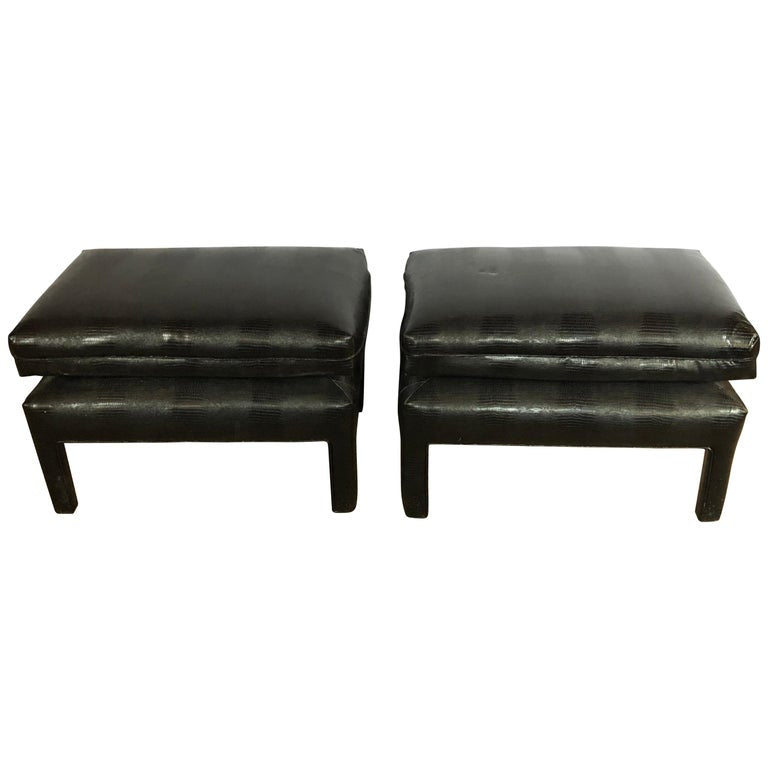 Pair of Alligator or Crocodile Faux Leather Cushioned Foot Stools or Benches