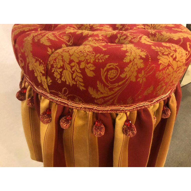 1970s Vintage Deco Upholstered Tufted Red and Gilt Decorated Ottoman