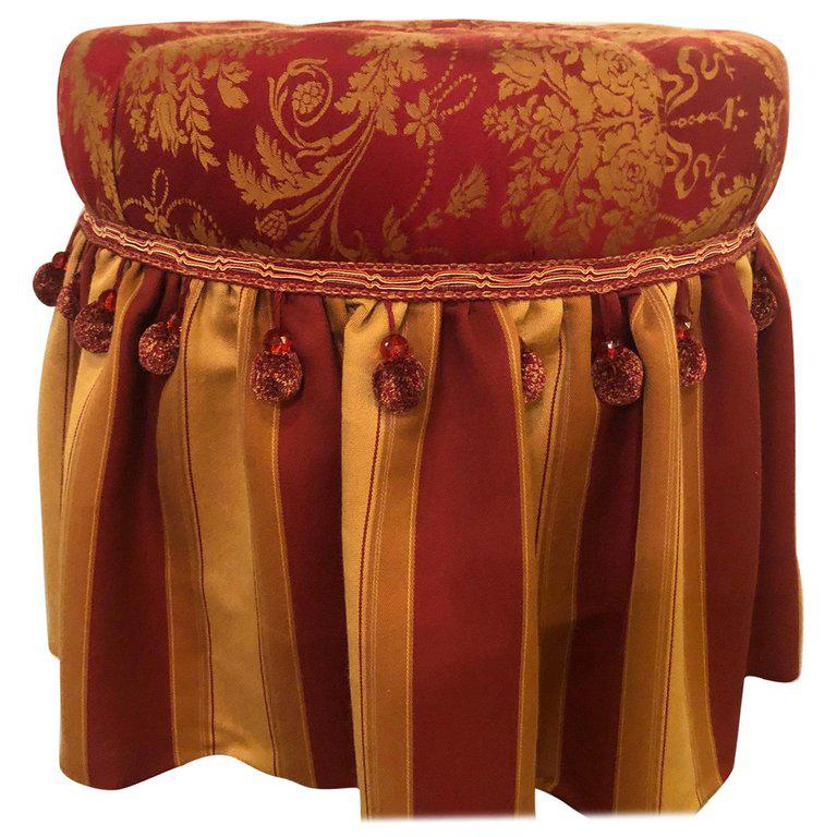 1970s Vintage Deco Upholstered Tufted Red and Gilt Decorated Ottoman