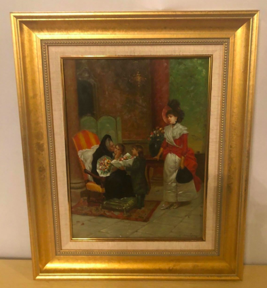 1970s Vintage Framed Grandmother Receiving Flowers Oil on Canvas Painting