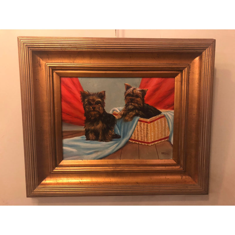 1980s Bichon Bolognese Dogs Oil on Canvas Painting