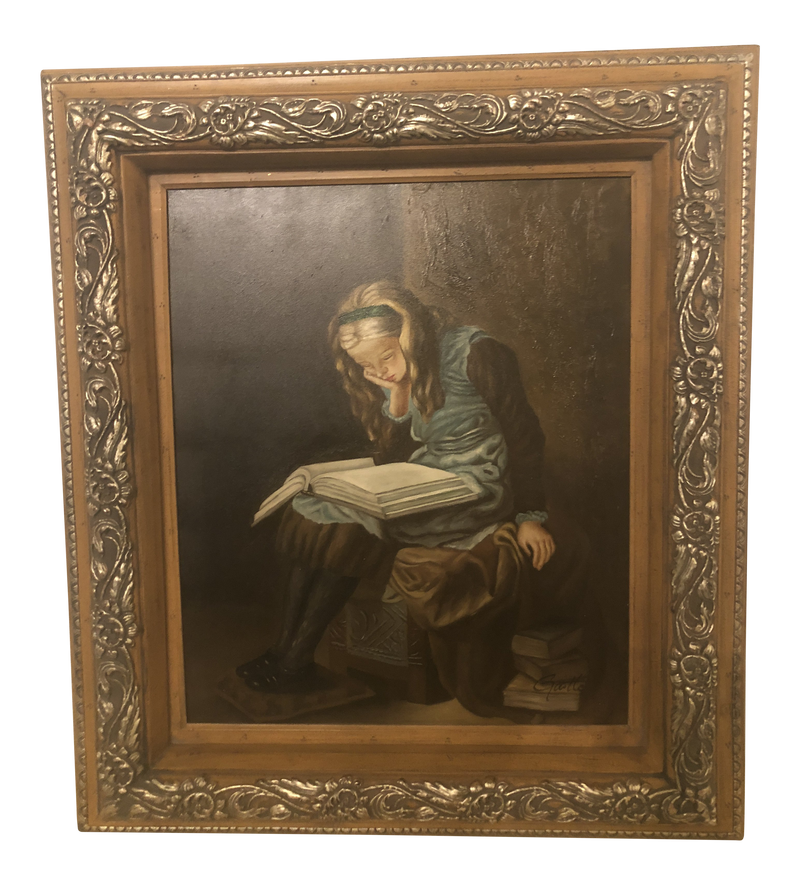 1980s Girl Reading a Book Oil on Canvas Painting
