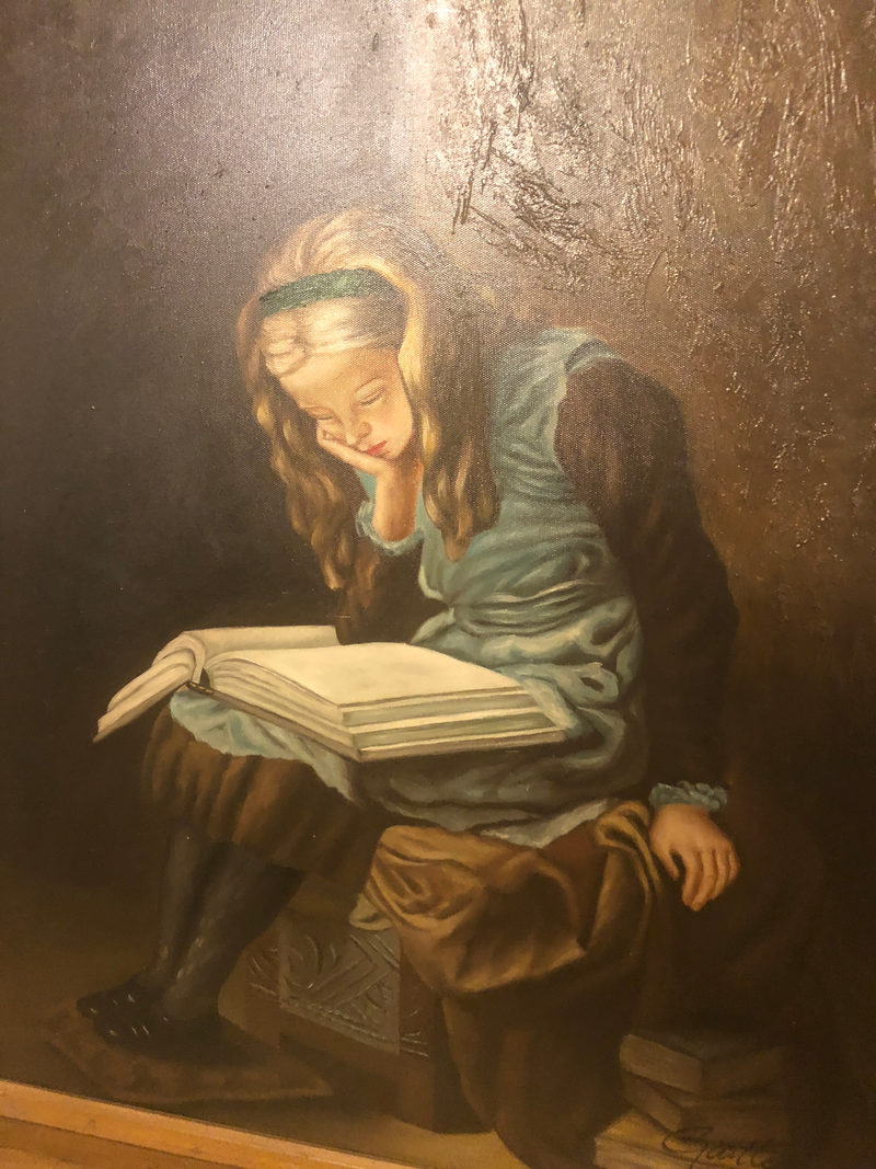 1980s Girl Reading a Book Oil on Canvas Painting