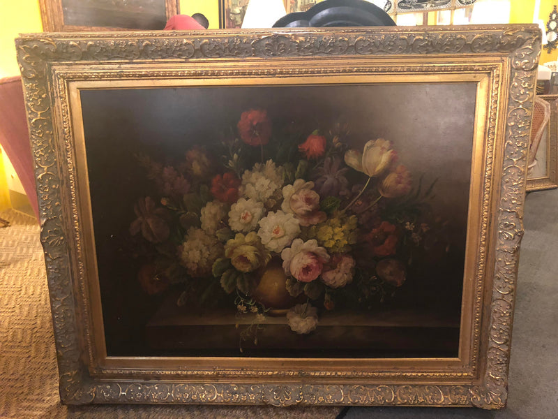 1980s Oil on Canvas Flower Vase Still Life Painting