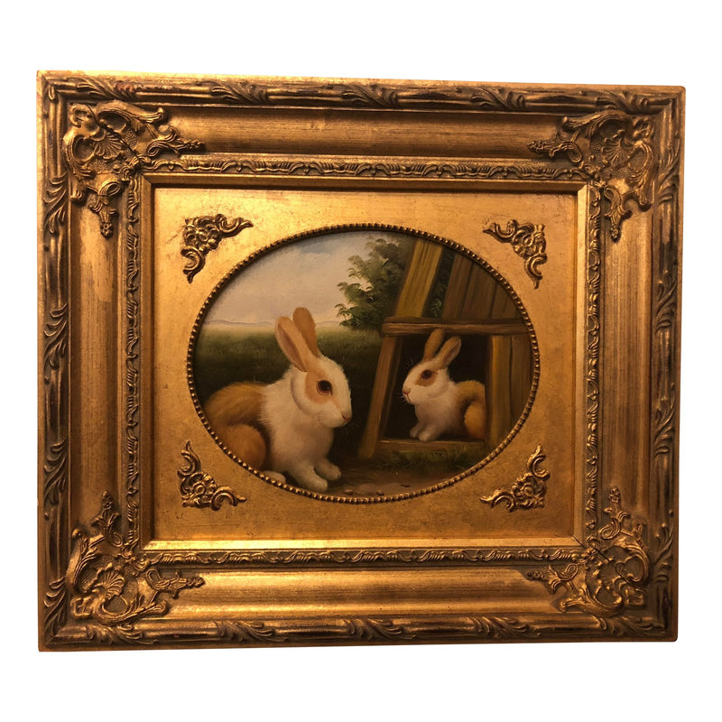 1980s Rabbit Framed Oil on Canvas Painting
