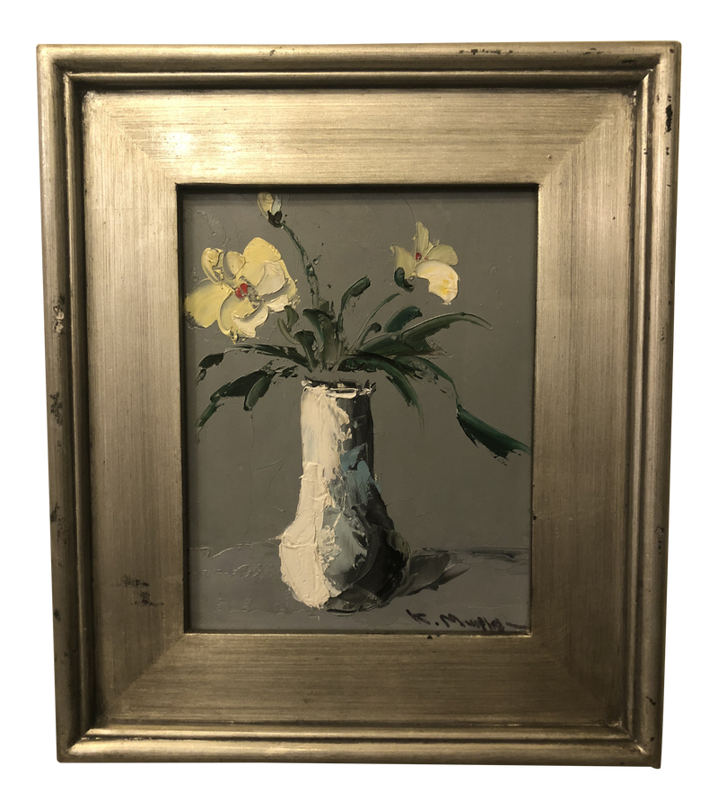 1980s Still Life with White Flowers & Vase Oil on Canvas Framed Painting