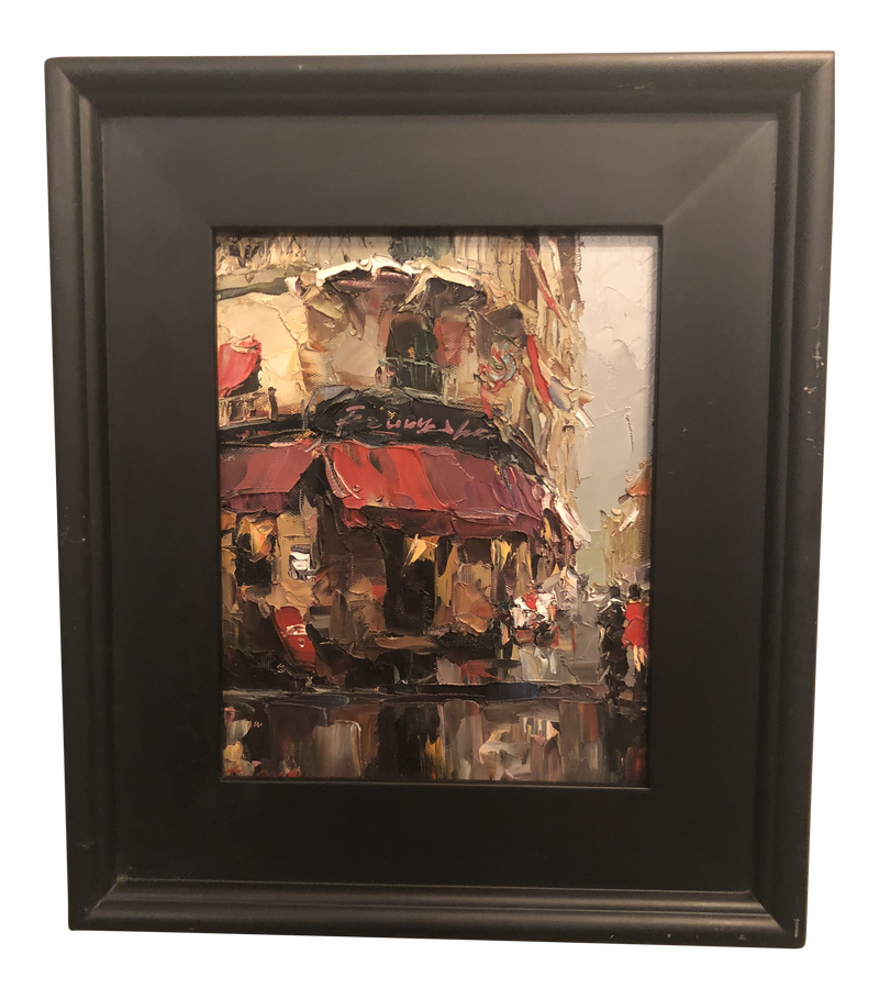 1980s Store Front Street Scene Framed Oil on Canvas Painting