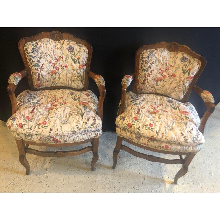 1980s Vintage Country French Boudoir Fauteuil Louis XV Chairs- A Pair