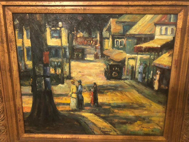 1980s Women Promenading in the City Impressionistic Oil on Canvas Painting