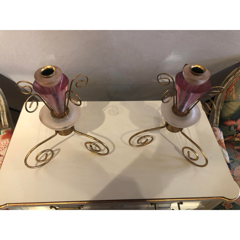1990s Art Deco Style Lucite and Gilt Metal Candlesticks - a Pair