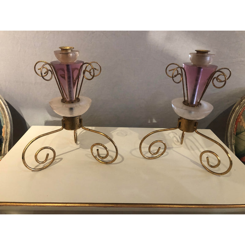 1990s Art Deco Style Lucite and Gilt Metal Candlesticks - a Pair