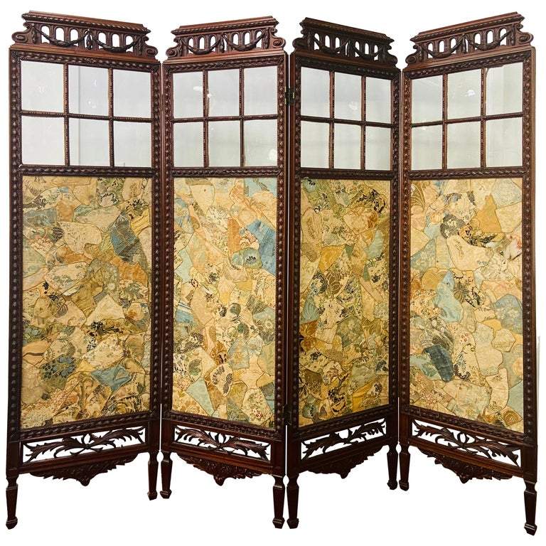 19th century English carved mahogany and glass four-panel room divider or scree