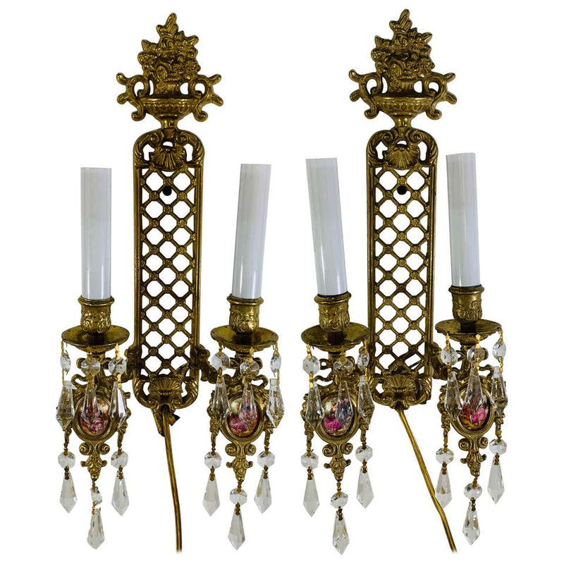 Pair of Two Arm Brass Wall Sconces in The Style of Louis XVI