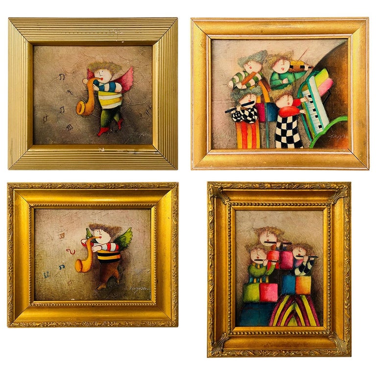 Signed Four Oil on Canvas Paintings of a Group of Musicians