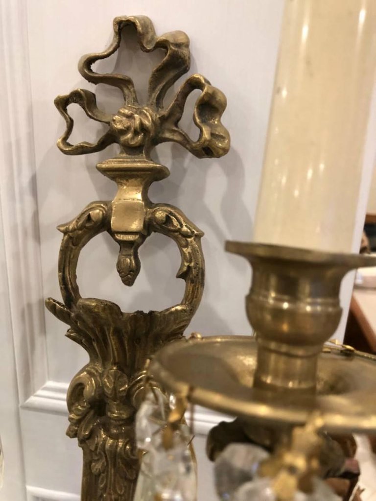 Pair of Two-Arm Louis XVI Brass and Crystal Style Wall Sconces