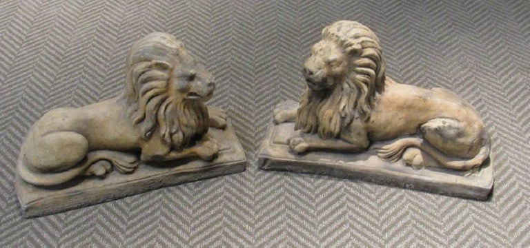 Pair of Cast Stone Garden Lions, Recumbent Lions on Plinth Bases