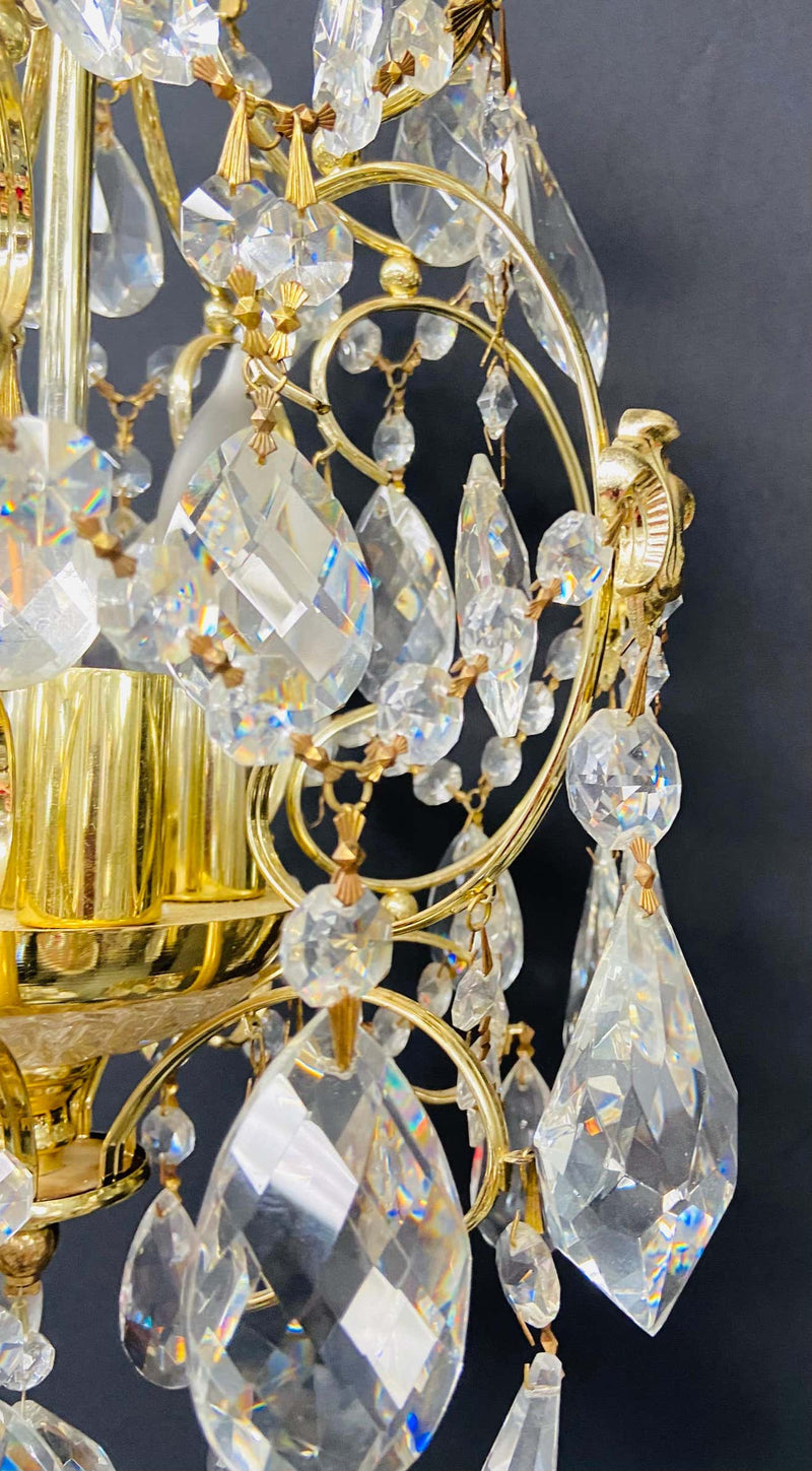 Small Hollywood Regency Style Crystal Brass Chandelier