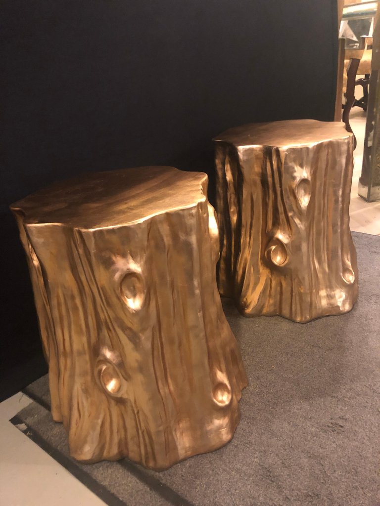 Pair of Gold Nature-Inspired Tree Trunk End Tables or Stools