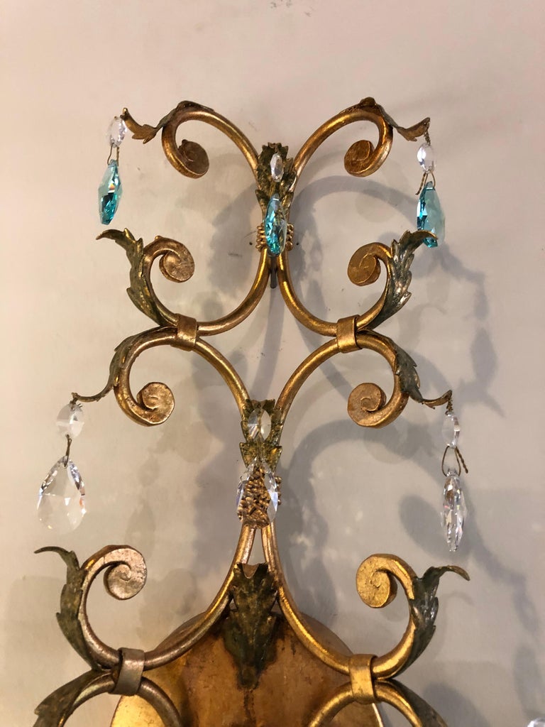 Pair of Neoclassical Handcrafted Italian Gilt Metal and Crystal Sconces