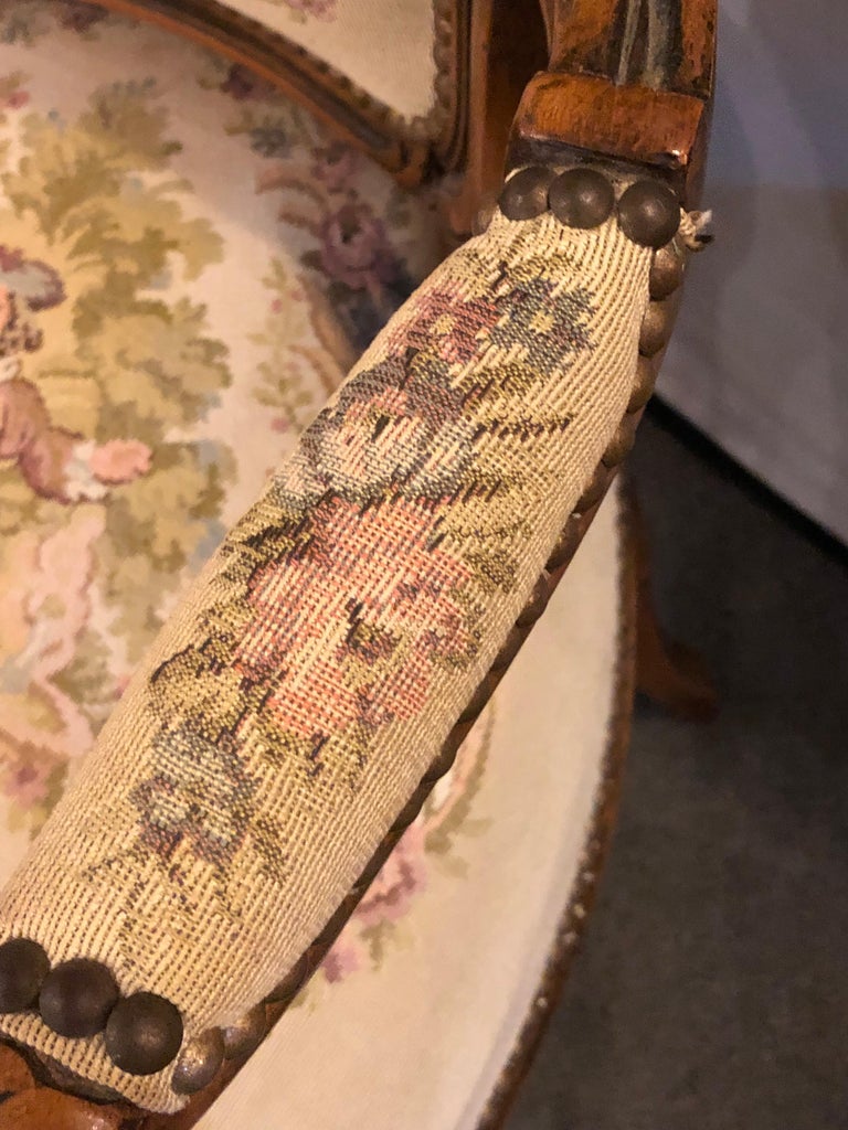 Pair of Louis XV Style Needlepoint Feuteuils or Arm Chairs
