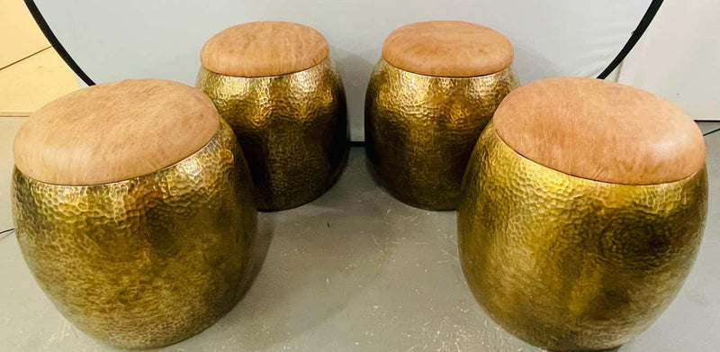 Mid Century Modern Brass Ottoman, Stool or Side Table With Leather Top, Set of 4