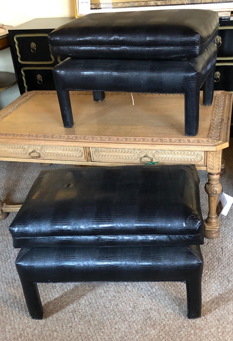 Pair of Alligator or Crocodile Faux Leather Cushioned Foot Stools or Benches