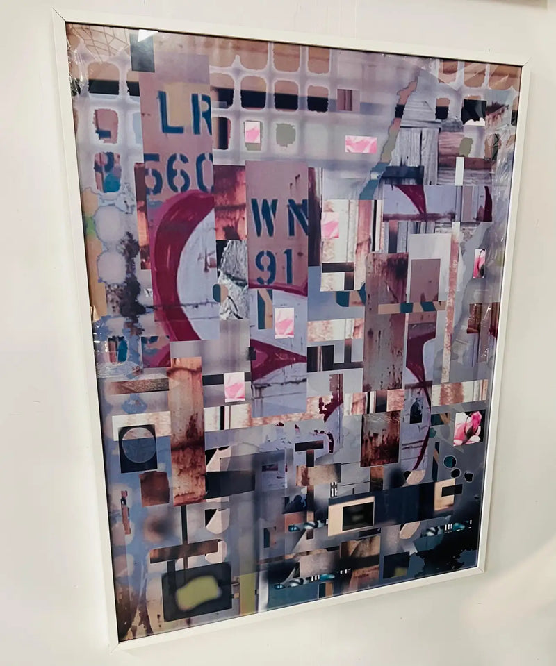Large Mixed Media Collage Print Titled "Metropolis", Framed