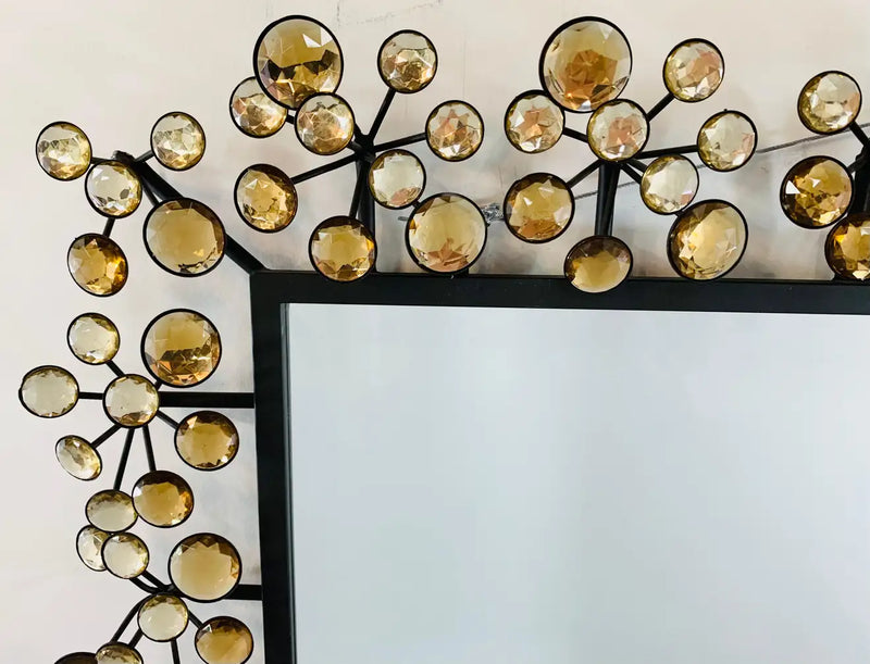 Mid-Century Modern Black and Faux Crystal Accent Beveled Wall Mirror
