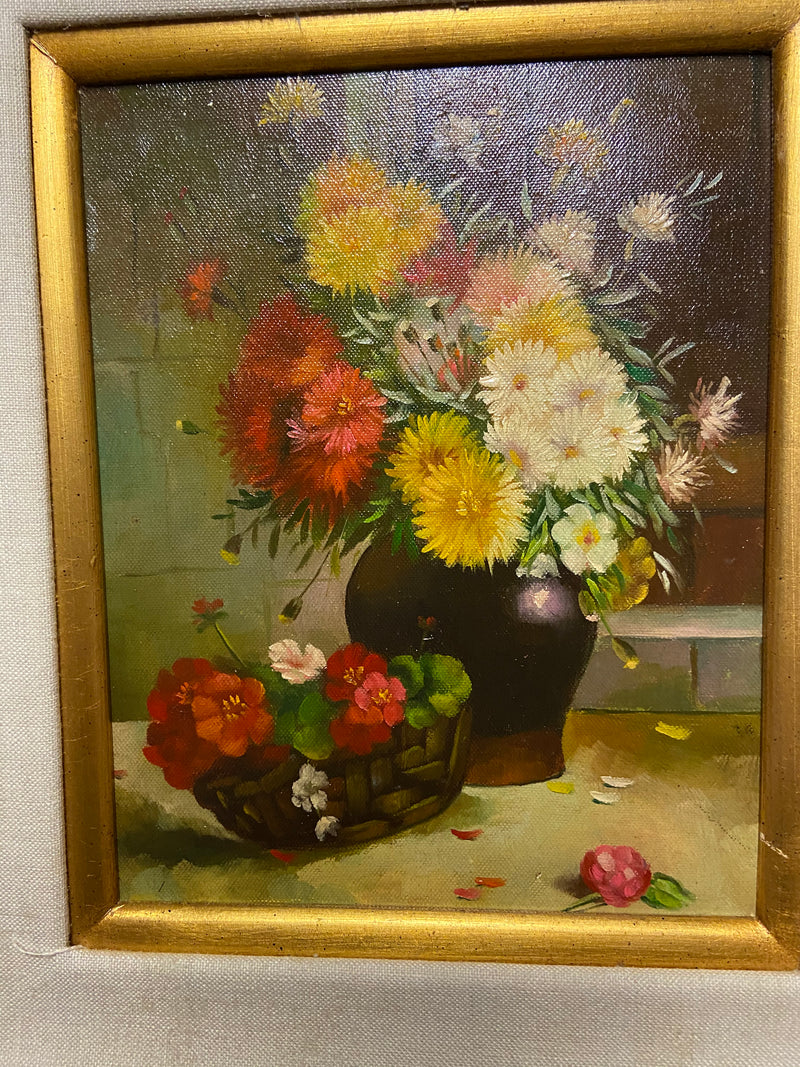 1980s Still Life with Flowers Oil on Canvas Case Framed Painting