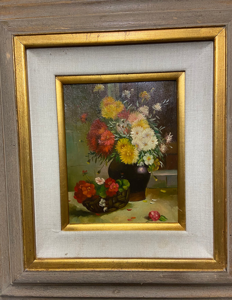 1980s Still Life with Flowers Oil on Canvas Case Framed Painting