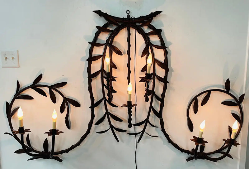 Antique French Monumental Wrought Iron Wall Sconce with Leaves Design, 7 Bulbs
