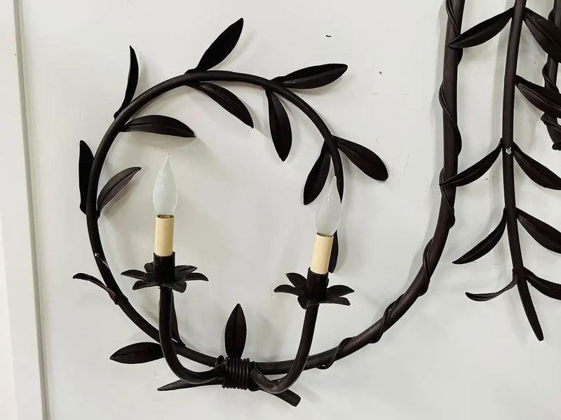 Antique French Monumental Wrought Iron Wall Sconce with Leaves Design, 7 Bulbs