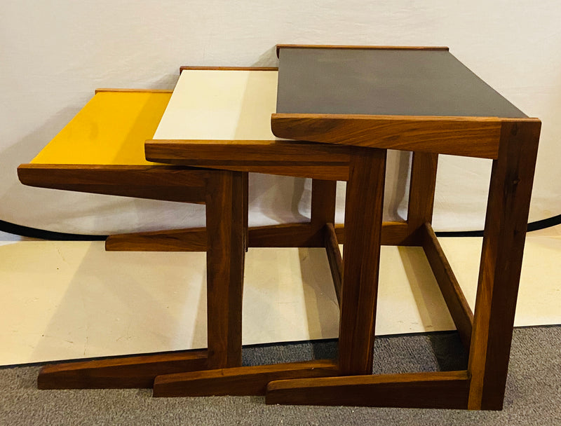 Mid Century Modern Set of Walnut Vinyl Nesting Side Tables By Jens Risom, 1960's