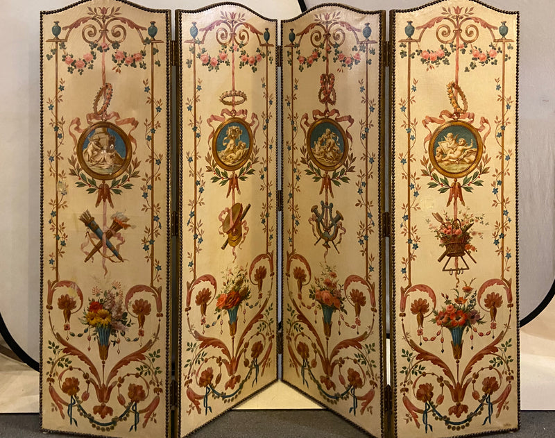 18th Century French Oil Canvas, Hand Painted Four-Panel Room Divider/Screen