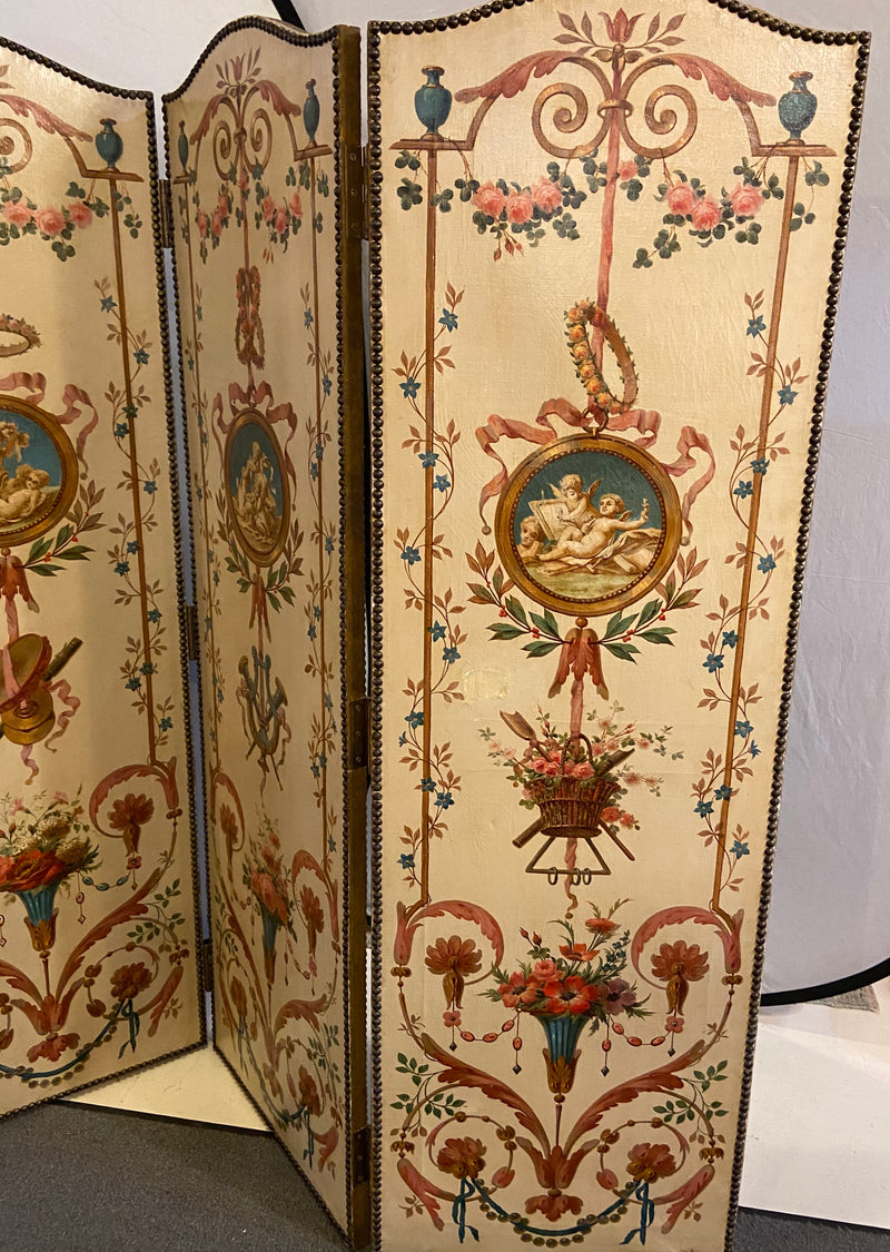 18th Century French Oil Canvas, Hand Painted Four-Panel Room Divider/Screen