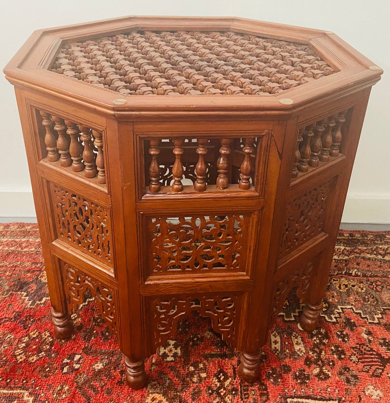 Moroccan Glass Top Carved Wood End or Side Table
